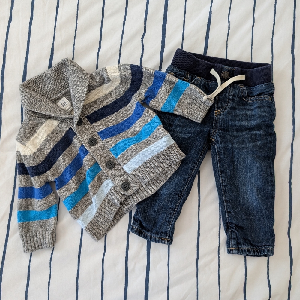 Baby Gap Striped Gray and Blue Cardigan with Denim Pants Set